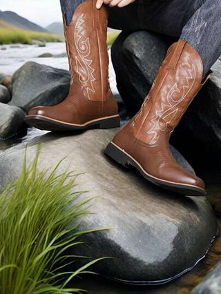 حذاء كاوبوي غربي رجالي، تصميم منسوج بزخارف نباتية، عالي الرقبة، خريف/شتاء