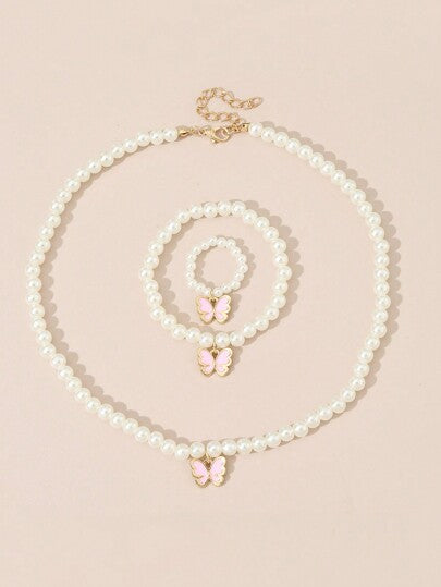 طقم مجوهرات مصغر للأطفال من القلادة والسوار والخاتم المرصع باللؤلؤ والفراشات