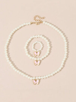 طقم مجوهرات مصغر للأطفال من القلادة والسوار والخاتم المرصع باللؤلؤ والفراشات