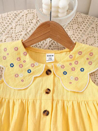 فساتين بيبي فستان أنيق مطرز منمط بدون أكمام بطراز إقليمي جميل للبنات الرضع، رومبير قطنية ذات ألياف من البامبو بطراز الأميرة مفتوحة الأزرار بالكامل