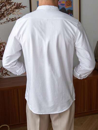 قميص رجالي أكمام طويلة أزرار أمامية لون سادة، عمل وكاجوال