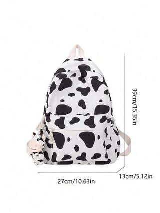 حقيبة مدرسية كلاسيكية أساسية ذات سعة كبيرة مع حجرة للكمبيوتر المحمول، متعددة الأغراض، ذات بطبعة بقرة ، مزينة بتعليقات بقرة وسحاب مزدوج، مناسبة للطلاب والرجال والنساء والمراهقين ، مثالية للخارج والسفر