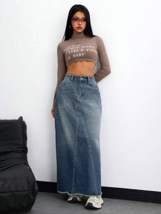 Tall تنورة جينز ماكسي بخصر مرتفع مزينة بالتصميم الفاخر، كاجوال وعصرية للارتداء اليومي