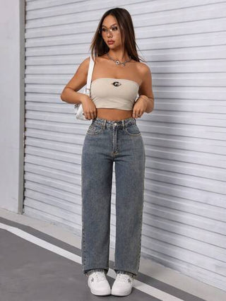 PETITE جينز نسائي مستقيم الساق بجيوب مائلة كاجوال خريفي