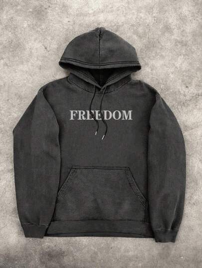 هودي كاجوال للرجال بطبعة صورة وحرف مغسول بأسلوب قديم