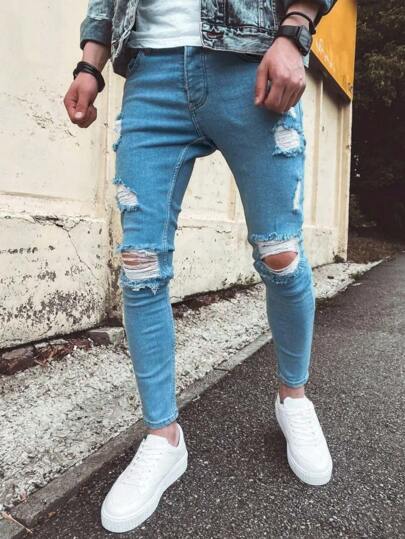 بنطال جينز بنمط سكيني متهالك ومغسول بالفانيلا ذو مطاطية للرجال