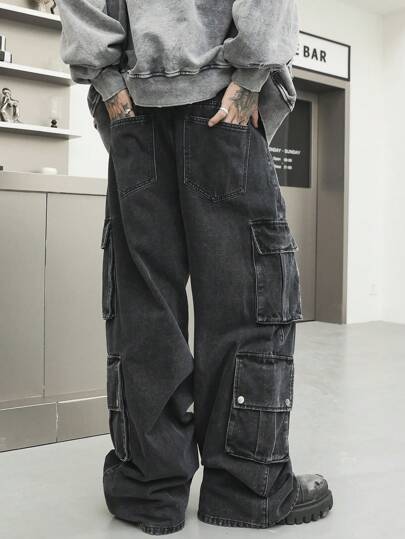 Manfinity EMRG السراويل الجينز السائبة بتطميس الحمض للرجال باللون الأسود