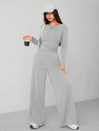 SHEIN PETITE طقم قطعتين كاجوال ومريح للمنزل من السراويل ذات الساق الواسعة وأعلى مضلع للنساء في الخريف والشتاء باللون الرمادي الداكن