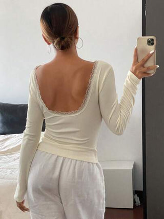 Livesso ملابس علوية نسائي أنيق قاعدة اللون كشكشة دانتيل ظهر مفتوح ملائم للشكل، موديل خريفي ملابس علوية فاضح