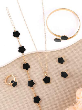 6 قطع/ مجموعة من مجموعة المجوهرات بتصميم الحظ بأوراق البرسيم الرباعية، تشمل سوار وقلادة وأقراط وسوار وخاتم