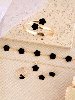 6 قطع/ مجموعة من مجموعة المجوهرات بتصميم الحظ بأوراق البرسيم الرباعية، تشمل سوار وقلادة وأقراط وسوار وخاتم