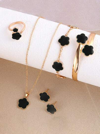 6 قطع/ مجموعة من مجموعة المجوهرات بتصميم الحظ بأوراق البرسيم الرباعية، تشمل سوار وقلادة وأقراط وسوار وخاتم