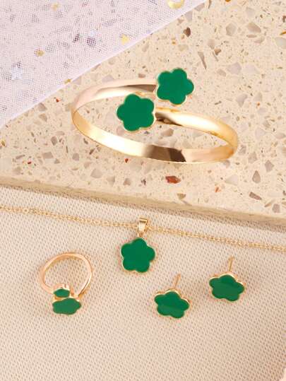 5 قطع/مجموعة طقم عقد وأقراط وسوار وخاتم بتصميم يدل على الحظ الجيد