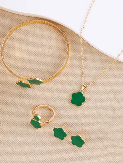 5 قطع/مجموعة طقم عقد وأقراط وسوار وخاتم بتصميم يدل على الحظ الجيد