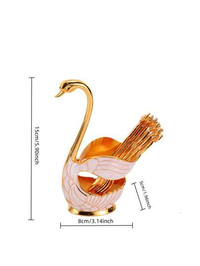 CH طقم واحد أطباق تقديم الفواكه بأشكال أوروبية عصرية، ملاعق ذهبية بشكل البجعة (6 ملاعق + 1 حامل) مناسبة للبوفيه والمنزل والكافيه والنادي والمطبخ وكهدية عيد الميلاد
