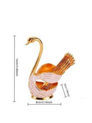 CH طقم واحد أطباق تقديم الفواكه بأشكال أوروبية عصرية، ملاعق ذهبية بشكل البجعة (6 ملاعق + 1 حامل) مناسبة للبوفيه والمنزل والكافيه والنادي والمطبخ وكهدية عيد الميلاد