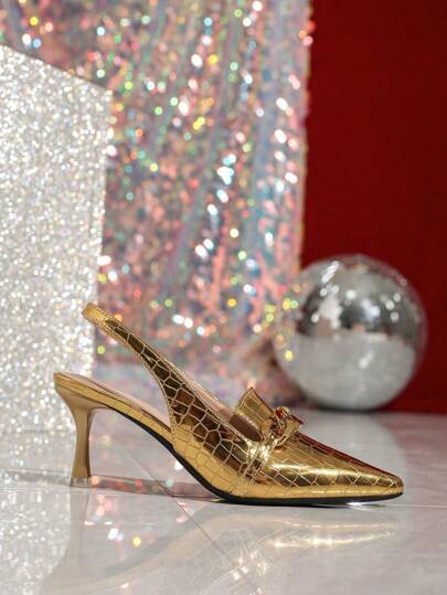 صنادل كعب عالي نسائية ذات مؤخرة مفتوحة وزخرفة سلسلة معدنية، أحذية صيفية برؤوس مدببة