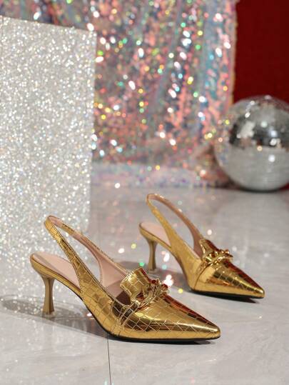 صنادل كعب عالي نسائية ذات مؤخرة مفتوحة وزخرفة سلسلة معدنية، أحذية صيفية برؤوس مدببة