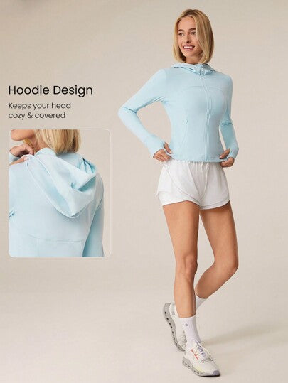 GLOWMODE جاكيت جري انعكاسية مقاومة للرياح بغطاء للرأس وأكمام لإبهام قماش مرن يمتص العرق بتصميم ضيق