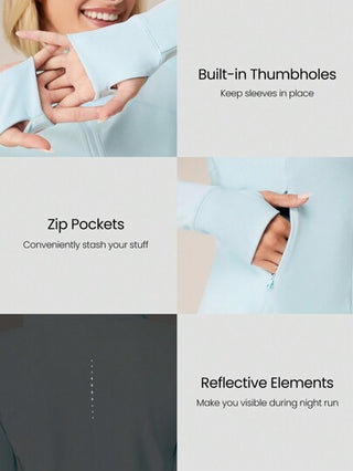GLOWMODE جاكيت جري انعكاسية مقاومة للرياح بغطاء للرأس وأكمام لإبهام قماش مرن يمتص العرق بتصميم ضيق