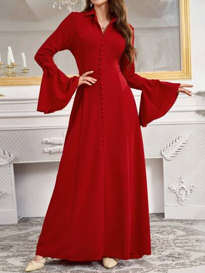 Modelyn فستان أنيق بأكمام واسعة ذا لون أحادي للنساء، فساتين سهرة طويلة للخريف