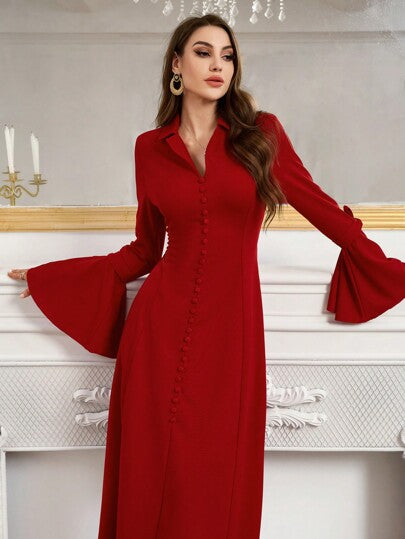 Modelyn فستان أنيق بأكمام واسعة ذا لون أحادي للنساء، فساتين سهرة طويلة للخريف