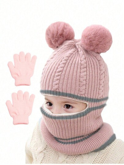 طقم قبعة وأوشحة شتوية للأطفال مكون من 3 قطع - طقم قبعة وأوشحة للأطفال والأطفال المتحد الجنس + قفازات الأطفال-- لون القفازات. فرق اللون عشوائي