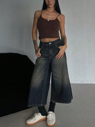 DAZY سراويل جينز فضفاضة للسيدات بأرجل واسعة وجيوب، سراويل جينز بقصة فضفاضة طول 7/8