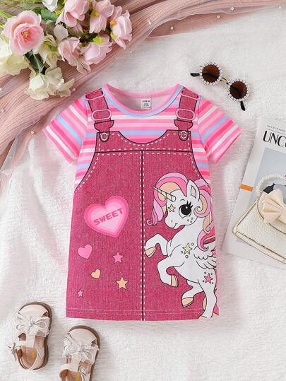 فساتين بيبي فستان كاجوال بأكمام قصيرة بنقشة وحيد قرن كرتوني مخطط للبنات