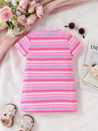 فساتين بيبي فستان كاجوال بأكمام قصيرة بنقشة وحيد قرن كرتوني مخطط للبنات