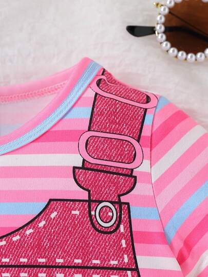 فساتين بيبي فستان كاجوال بأكمام قصيرة بنقشة وحيد قرن كرتوني مخطط للبنات