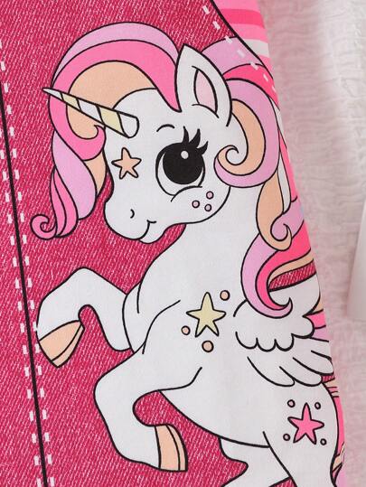 فساتين بيبي فستان كاجوال بأكمام قصيرة بنقشة وحيد قرن كرتوني مخطط للبنات