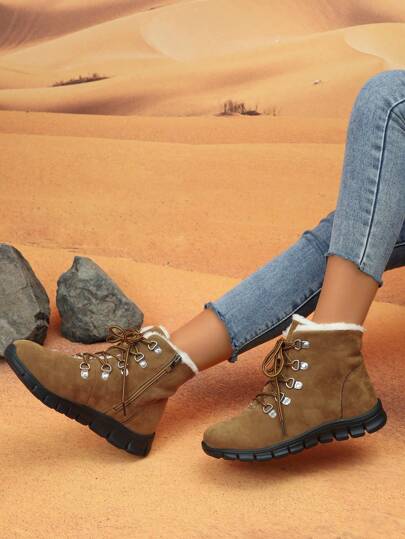 بوت شتوية نسائية برباط مريحة ناعمة ذات رؤوس مدورة، كعب مسطح مانع للانزلاق، بني داكن كاجوال دافئة مبطنة بالفرو القصيرة للفصل الشتوي