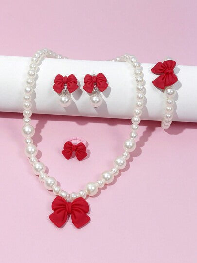 طقم قلادة أطفال وردي 1مجموعة/5قطع مع فيونكة جميلة، قلادة خرزية، خاتم، أقراط للزينة