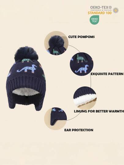 طقم لأطفال مكون من 3 قطع: قبعة صوفية بطبعة ديناصورات ذات مرونة ودفء، وشاح مافي، وقفازات، مناسب للأنشطة الخارجية في فصل الخريف والشتاء