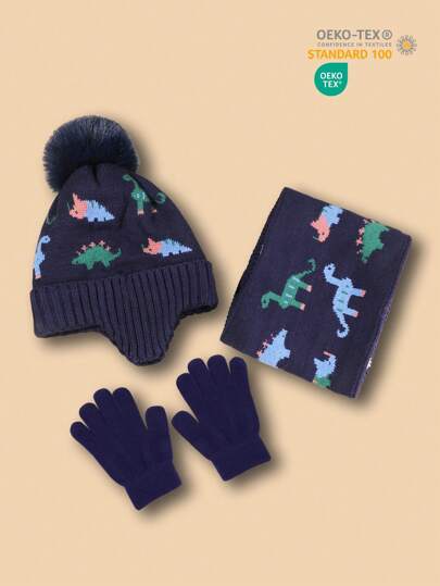 طقم لأطفال مكون من 3 قطع: قبعة صوفية بطبعة ديناصورات ذات مرونة ودفء، وشاح مافي، وقفازات، مناسب للأنشطة الخارجية في فصل الخريف والشتاء