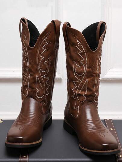 حذاء كاوبوي غربي رجالي، تصميم منسوج بزخارف نباتية، عالي الرقبة، خريف/شتاء