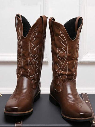 حذاء كاوبوي غربي رجالي، تصميم منسوج بزخارف نباتية، عالي الرقبة، خريف/شتاء