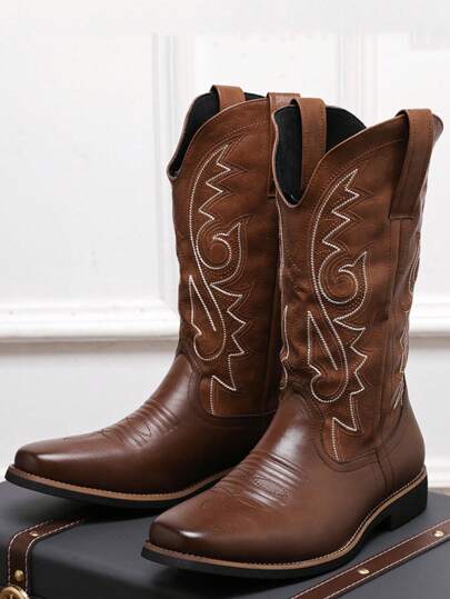 حذاء كاوبوي غربي رجالي، تصميم منسوج بزخارف نباتية، عالي الرقبة، خريف/شتاء