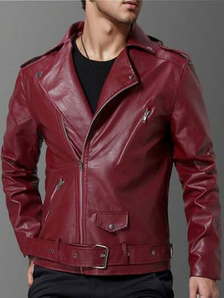 سترة دراجة نارية للرجال مصممة بسحاب أحمر مع طوق، أكمام طويلة