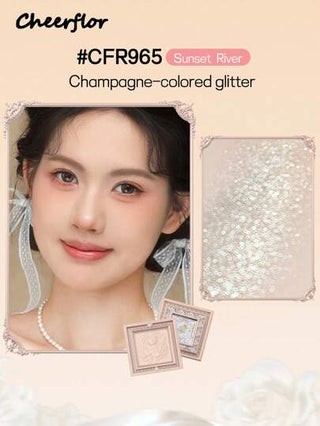 CHEERFLOR بودرة وجه مزخرفة، مع غطاء دوار مغناطيسي، باليت للخدود والتلوين، لمعة لامعة مع بريق، إضاءة طبيعية ولامعة، ميض مكياج، خفيف، ناعم، مستحضرات تجميل لجمال الوجه