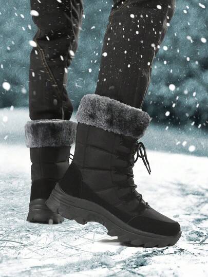 2024 بوت ثلج رجالية عالية الأعلى جديدة ودافئة مع بطانة فرو سميكة ، وأرضية سميكة ، ومقاومة للانزلاق والماء ، بوت شتوية خارجية بحجم مناسب للزوجين ، مع جلد وفرو مسمك ، ضروريات الشتاء للعطلات والتخييم