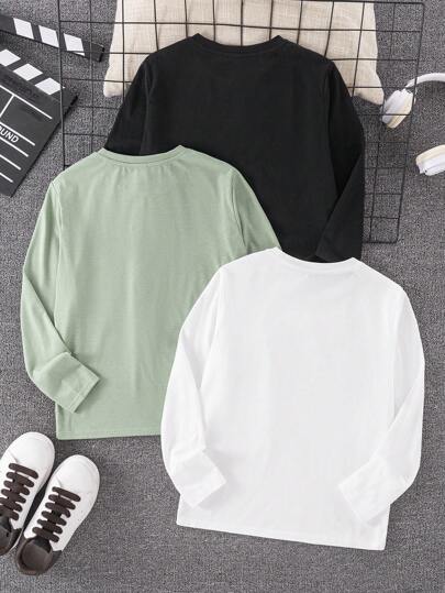 SHEIN طقم من 3قطع تي شيرت كاجوال مطبوع عليه حرف للصبية المراهقين ، أسود ، أبيض ، أخضر ، مناسب للتنقل والمدرسة والاستخدام اليومي والرياضة في فصلي الخريف والشتاء