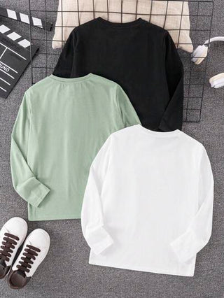 SHEIN طقم من 3قطع تي شيرت كاجوال مطبوع عليه حرف للصبية المراهقين ، أسود ، أبيض ، أخضر ، مناسب للتنقل والمدرسة والاستخدام اليومي والرياضة في فصلي الخريف والشتاء