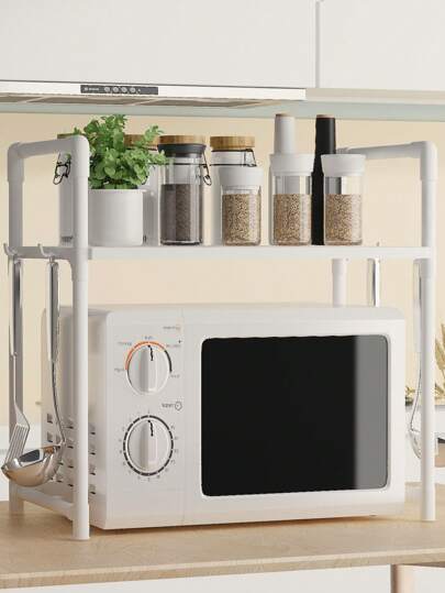 قاعدة قابلة للتعديل للميكروويف مع خطاطيف - منظم مطبخ من معدن ثقيل الوزن، سطح مصقول، رف تخزين متعدد الطبقات للمنزل والإقامة في الداخليات