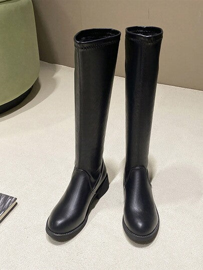 بوت جديدة رشيقة من منتصف الساق، بكعب سميك مرن ومريح، بوت ركوب عالية بموضة سوداء ، قابلة للارتداء من دون تسجيل البس مرنة للخريف والشتاء