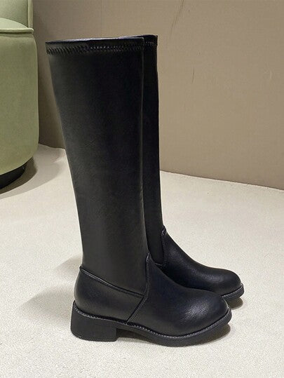 بوت جديدة رشيقة من منتصف الساق، بكعب سميك مرن ومريح، بوت ركوب عالية بموضة سوداء ، قابلة للارتداء من دون تسجيل البس مرنة للخريف والشتاء