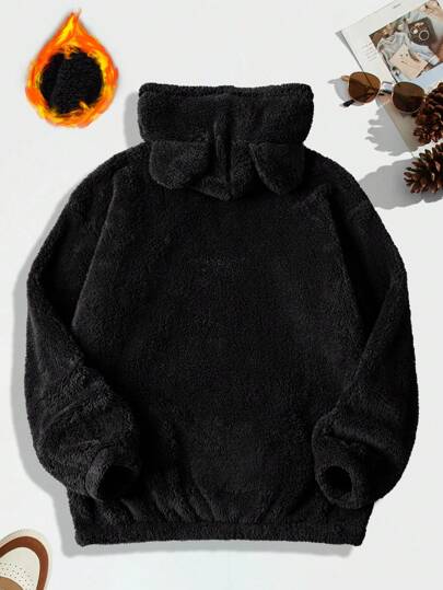 Manfinity Hypemode بلوزة بقلنسوة بتصميم أذن ثلاثي الأبعاد بفتحة رأس رجالية فضفاضة، سترة بقلنسوة بأكمام طويلة من البوليستر مزدوجة الوجه