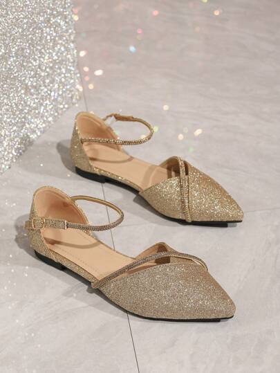 أحذية باليه مسطحة للنساء بأصبع قدم مدبب وتصميم على شكل V مزينة بالراين ستون، أحذية مسطحة مفرغة للرقص والحفلات ذهبية اللون لامعة مريحة وسهلة الارتداء للربيع/الخريف