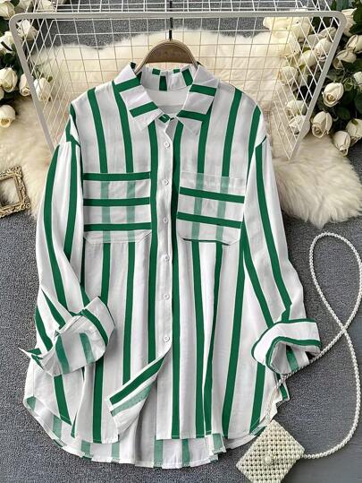 INAWLY بلوزة خريفية/ربيعية للنساء مريحة مخططة بأكمام طويلة وجيب